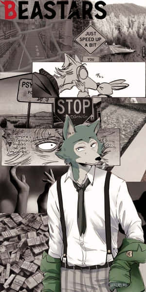 來自《BEASTARS》的穿著西裝的狼角色，被漫畫面板和路標包圍。 — 18:9 壁紙
