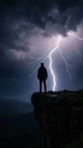 一個人站在懸崖上觀看暴風雨中閃電的剪影。