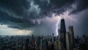 閃電在雨中的城市景觀上閃爍，高樓林立。 — 城市景觀 壁紙
