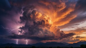 戲劇性的閃電照亮了日落時分山脈上空的暴風雲。