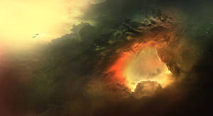 一個色彩繽紛的星雲，在充滿星星的深空中帶有橙色和綠色的雲團。 — 唯美雲朵動態 壁紙