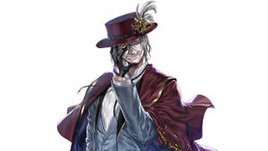 動漫男子身穿栗色大衣和高帽，戴手套的手傾斜，露出得意的笑容。