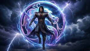 一名奇幻戰士在風暴中被閃電和發光的龍符號包圍。