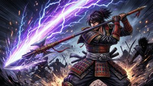 身穿精細盔甲的武士戰士在混亂的戰鬥場景中揮舞著一把注入閃電的長矛。