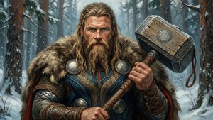 北歐神祇在雪地森林中手持錘子，身穿毛皮盔甲 — 雷神 壁紙
