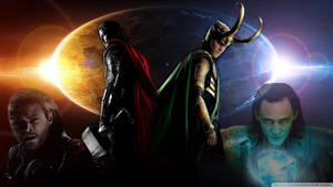 三位北歐神話中的神祇，托爾、洛基和另一位人物，站在帶有發光行星的宇宙背景前。