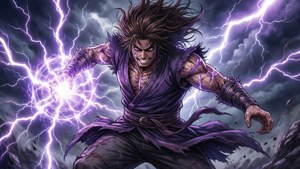 一個肌肉發達的動漫戰士在暴風雨的天空中釋放紫色閃電