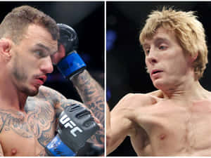 兩名男性MMA拳手在籠中對戰。
