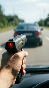 手拿雷達槍瞄準陽光高速公路上超速的汽車。