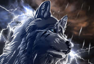 一隻兇猛的狼，眼睛發出藍光，站在雷電交加的暴風雨中。