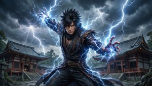 動漫戰士在暴風雨中於日本寺廟前召喚閃電。