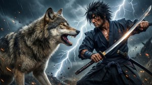 武士與狼在暴風雨中對峙，背景有閃電。 — 只狼：影逝二度 壁紙