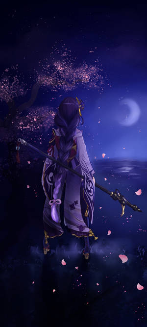 動漫戰士穿著紫色長袍，在月光下的櫻花天空下持劍。 — 夜晚 GIF 壁紙