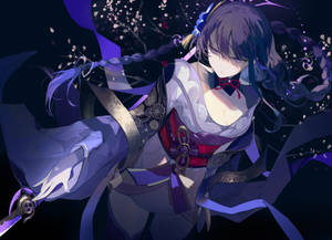 動漫少女身穿紫色和服在夜櫻下持劍 — 深紫色美學 GIF 壁紙