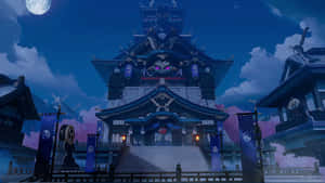 傳統日本神社在滿月和星空下夜間亮燈。