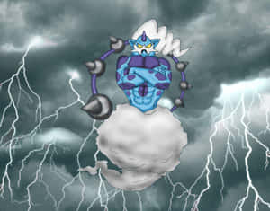 動漫雷神，手臂帶刺，在雷暴中棲息於雲端。