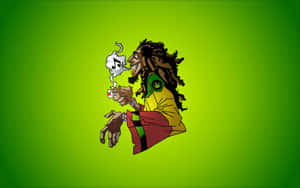 卡通拉斯塔男人吸食大麻煙，煙霧中升起音符。