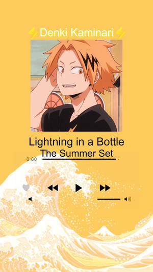 動漫角色 Denki Kaminari 橙色頭髮微笑，以黃色背景及波浪設計為背景。