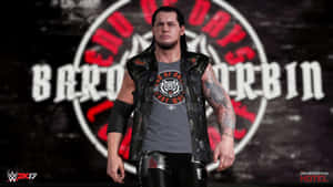 摔角手 Baron Corbin 在 WWE SmackDown Hotel 活動中穿著黑色背心和老虎襯衫。 — 摔角 GIF 壁紙