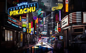 夜晚霓虹燈閃爍的城市街道，濕漉漉的路面倒映著包括 Detective Pikachu 和 Pokemart 在內的發光招牌。