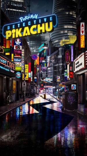 霓虹燈城市街道夜晚，雨反射和Detective Pikachu標誌。