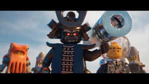 LEGO武士戰士，發光紅眼，手持大型大炮，被其他LEGO角色包圍。 — 哥斯拉 王者巨獸 壁紙