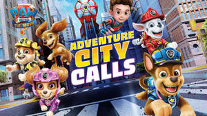 Paw Patrol 團隊在城市街道上擺出動作姿勢，帶有「Adventure City Calls」字樣。