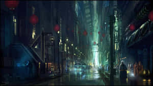 未來城市夜景，霓虹招牌和紅色燈籠在雨中閃爍。