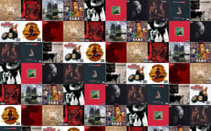 嘻哈專輯封面網格， featuring Jay Z 和 2Pac，帶有紅色、金色和都市主題。 — 音樂美學 壁紙