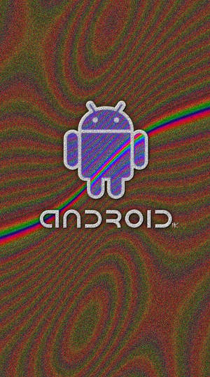 Android機械人標誌在旋轉背景上帶有彩虹光效。