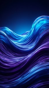 在數位抽象設計中動態流動的發光藍色和紫色液體波浪。