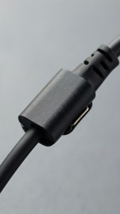 黑色USB-C線材連接器特寫，帶有紋理外殼。
