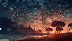電線和樹木在充滿活力的黃昏天空襯托下呈現剪影，帶有橙色和藍色色調。