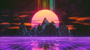 復古未來主義景觀，帶有霓虹網格、山脈和星空下發光的太陽。