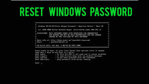 黑色背景上顯示 Windows 密碼重設指示的綠色文字終端機畫面。