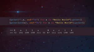 在星空數碼背景上打印「Hello World」及其ASCII值的Python程式碼。 — 程式碼 壁紙