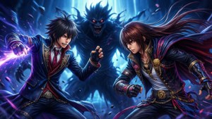 兩名動漫戰士在神秘場景中用發光魔法對抗黑暗怪物。