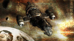 一艘破舊的太空船飛過行星，伴隨著發光的中文字元和火焰般的文字，在粗糙的太空場景中。