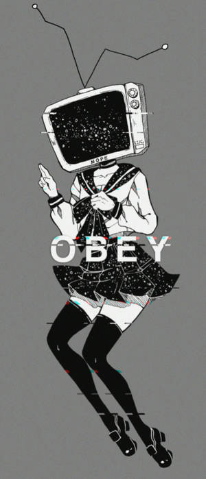 女孩頭部為電視機向上指，穿著水手服，帶有故障效果和obey文字。