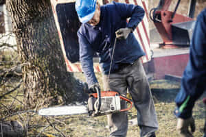 戴藍色頭盔的男子在戶外用鏈鋸砍樹 — 工具 壁紙