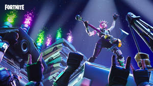 Fortnite角色在夜間於汽車舞台上表演，伴隨著煙花和聚光燈。