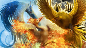 兩隻神話中的鳳凰碰撞——一隻金色被火焰吞噬，一隻藍色被冰包圍。