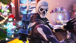 Fortnite骷髏角色在一個節日主題房間裡，配有一棵裝飾好的聖誕樹。