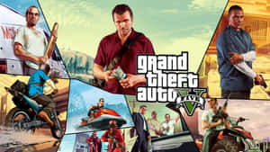 Grand Theft Auto V 遊戲封面，以主要角色在都市場景中手持武器和車輛為特色。