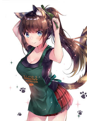 動漫女孩，長著狐狸耳朵和尾巴，穿著綠色圍裙和紅色格子裙微笑。 — 動漫打鬥 壁紙