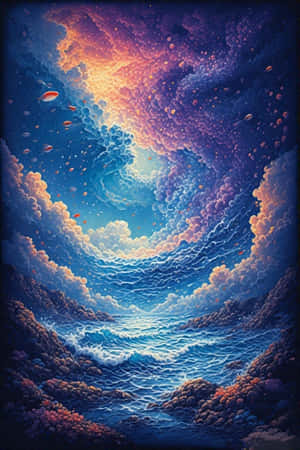 一個旋轉的海洋漩渦通向一個發光的宇宙天空，魚兒在色彩繽紛的雲層中游動。 — 靚靚動畫 壁紙