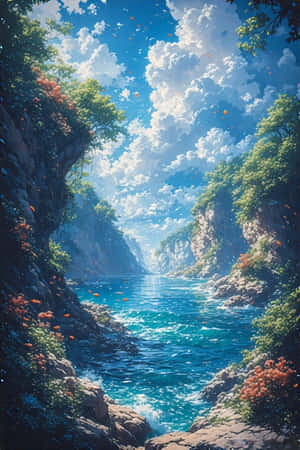 一條風景如畫的峽谷河流，藍色的水流淌在岩石峭壁之間，覆蓋著綠樹和橙色花朵，天空晴朗。