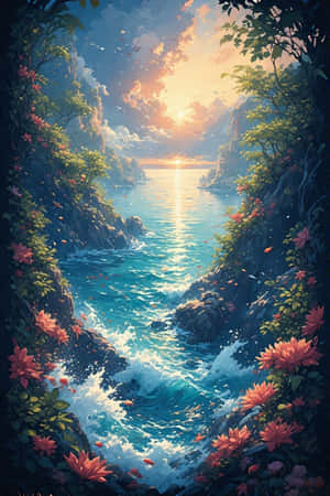 日落時分，碧綠的海洋在點綴著粉紅色花朵和綠植的懸崖之間流淌。 — 靚靚動畫 壁紙