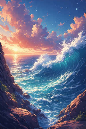 日落時分，高聳的海浪在岩石懸崖之間撞擊，天空呈現鮮豔的粉紅色、橙色和藍色。