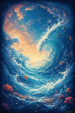 一個旋轉的海洋漩渦，在星空下閃爍著發光的魚和珊瑚 — 靚靚動畫 壁紙
